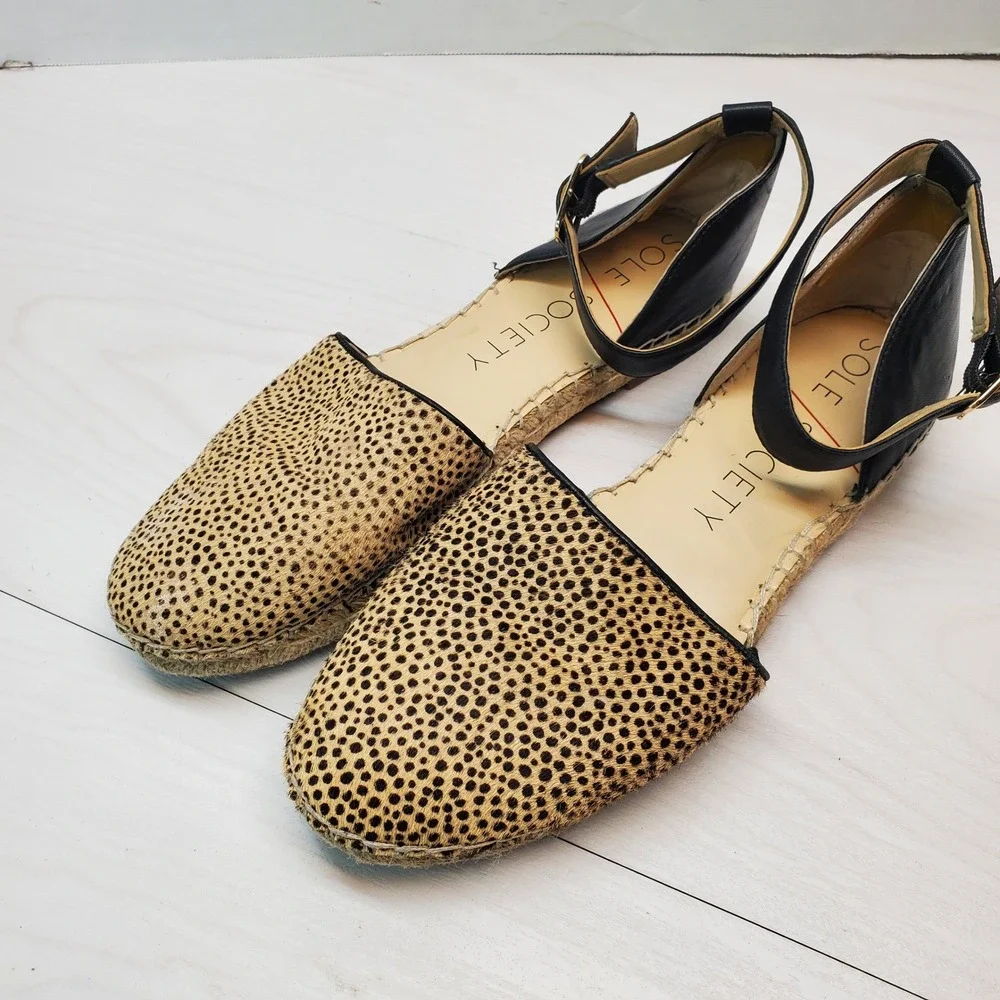 Sole Society Leopard Print Calf Hair Espadrille Ankle Strap Flats Womens 9M 40